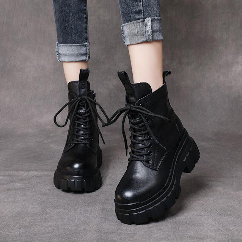 Fashion GKTINOO Women's Genuine Leather Ankle Boots Women Autumn Winter Lace Up Women Punk Boots Flat Ladies Shoes Woman Botas Mujer