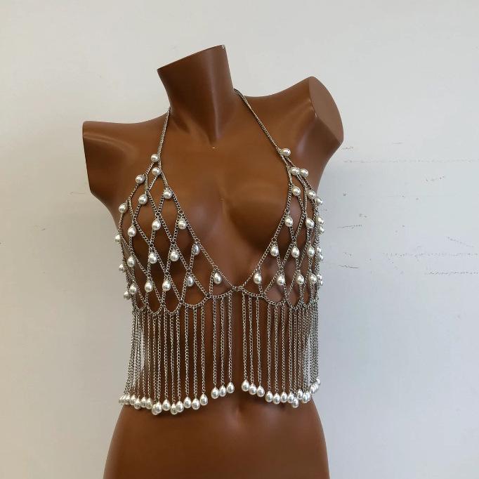 Handmade Waterdrop Pearl Tassel Body Chain with Hollow Design