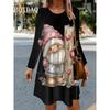 Женское рождественское платье для вечеринки Зима Модный 3D тренд Забавное платье с принтом Санта-Клауса Длинный рукав Круглый вырез
