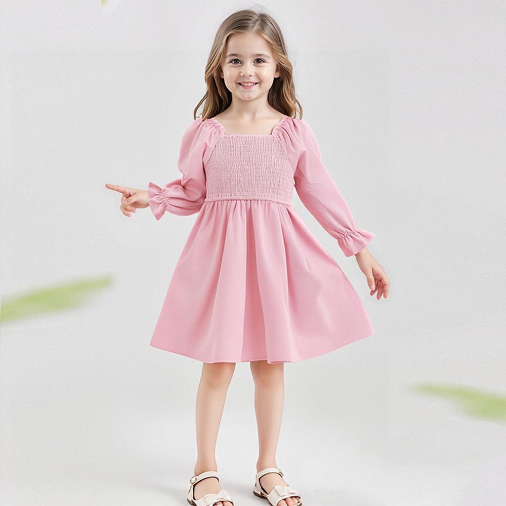 Девичье модное милое однотонное платье с квадратным вырезом, рукавами-рюшами, завышенной талией, кружевной отделкой и полной юбкой