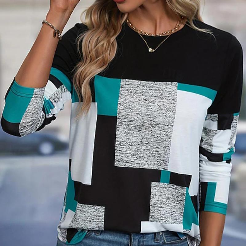 Tops For Women Fashion Block Splicing Print Round Neck Long Sleeve T-shirt Fall Casual Slim Pullover Women's Long Sleeve Top