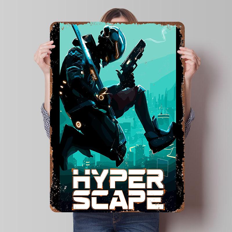 Игровой плакат Hyper Scape Индивидуальное настенное искусство Винтажные металлические вывески Ретро жестяная табличка для мужской комнаты Эстетичный декор комнаты Мужская настенная декорация