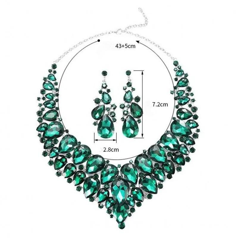 Наборы украшений с зелеными кристаллами в форме капли воды для женщин, свадебные, для вечеринок, ювелирные аксессуары, серьги-пусеты, ожерелье
