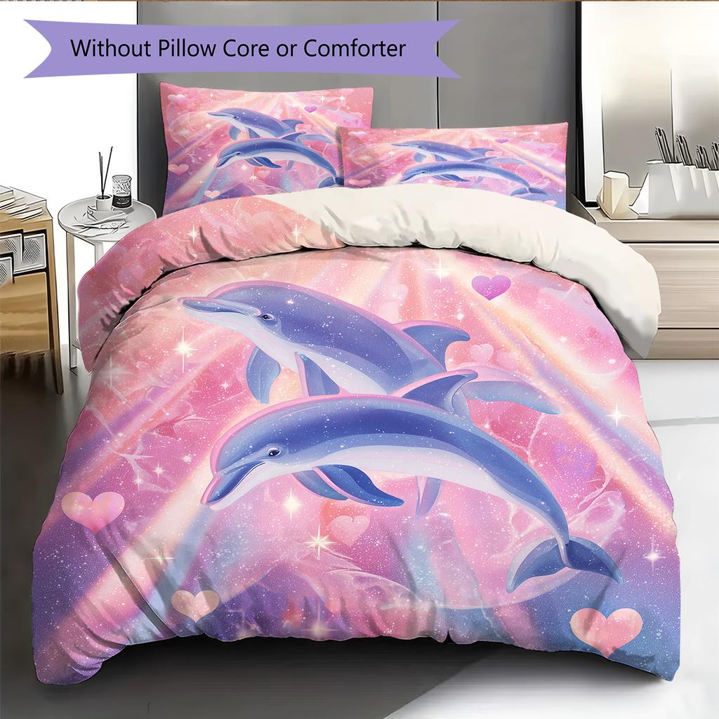 Мультяшная цветная дельфиновая постельное белье Домашний декор Подарок на день рождения (1 пододеяльник + 2 наволочки, без наполнителя)