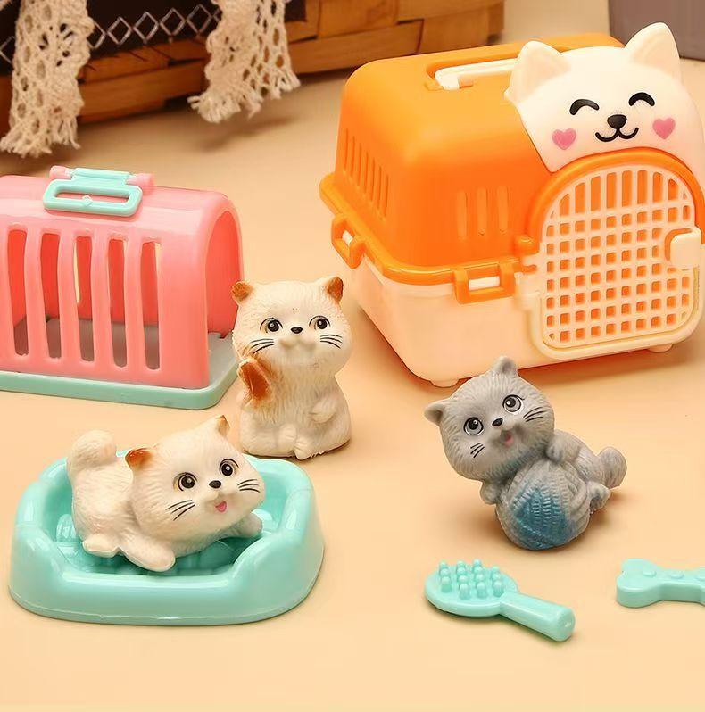 Мини-фигурки животных (кошка, собака), игровой набор, игрушечный набор для ролевых игр «Уход за питомцами» с клеткой и аксессуарами для кормления для детей