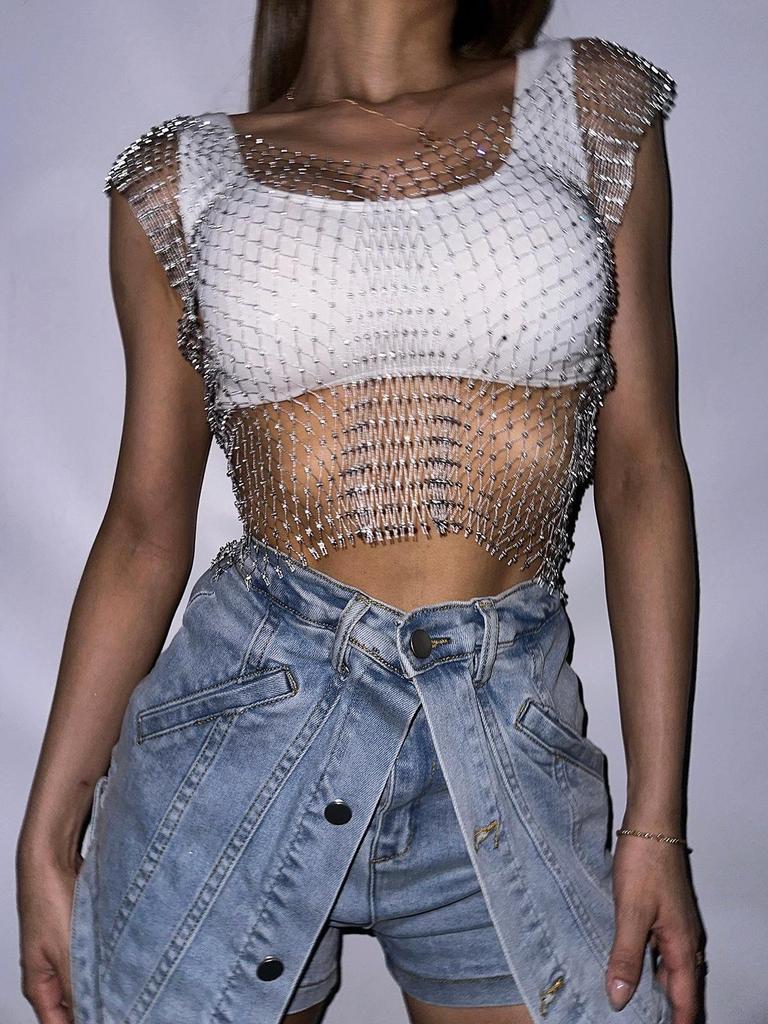 Европейский и американский топ-сетка без рукавов со стразами для женщин