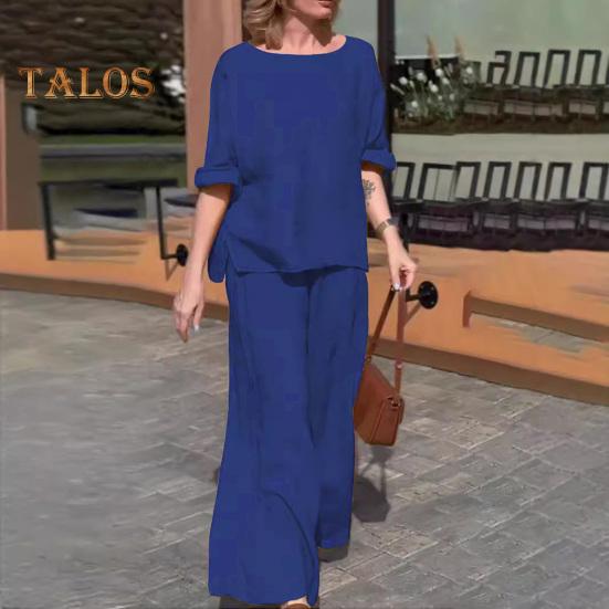 2Pcs/Set Women Casual Outfit O-neck Long Sleeve Tops Elastic Waist Wide Leg Long Pants Set Solid Color Loungewear