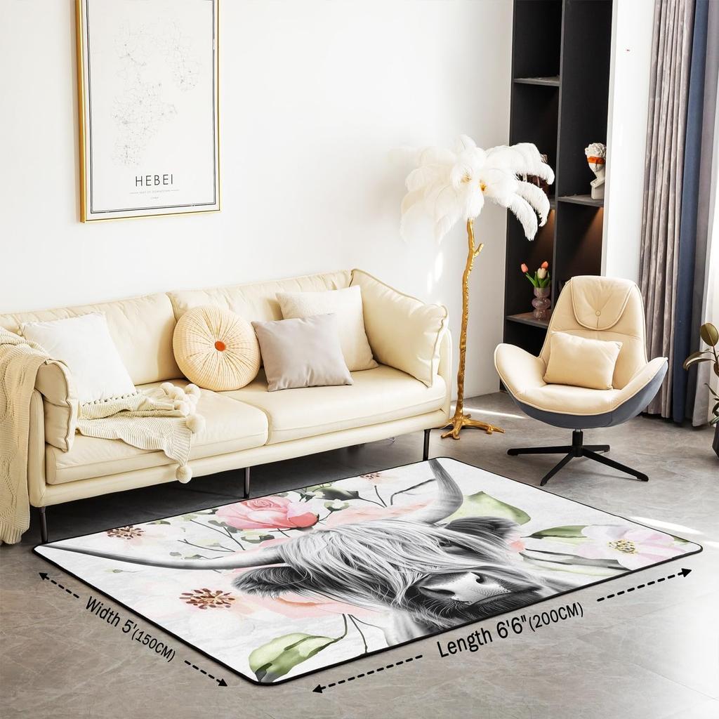 Erosebridal Highland Cow Area Rug 5x7 Highland Cattle Rug Cute Cow Flower Decorative Rug for Kids Boys Girls Teens Western Cowboy Accent Rug
