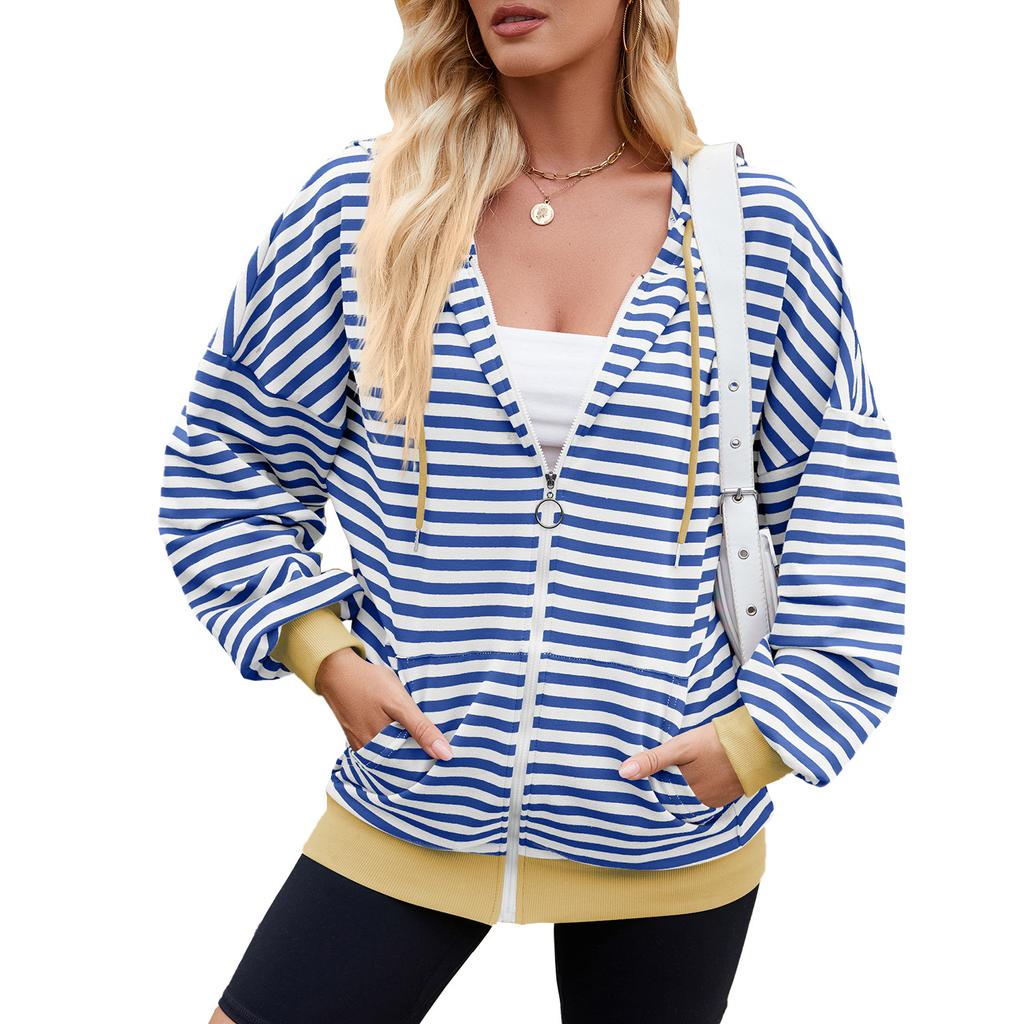 HNXC Women's Fashion Casual Stripe Print Long Sleeve Hooded Hoodies & Sweatshirts