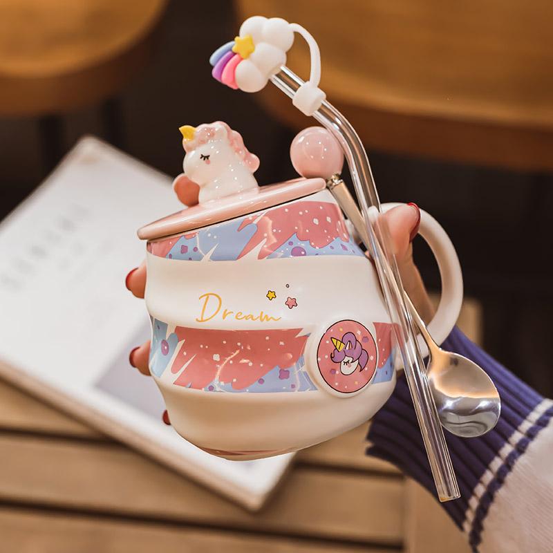 Unicorn Ceramic Mug Cute Girls Gift Water Cup with Lid and Spoon Home Office Breakfast Coffee Cups