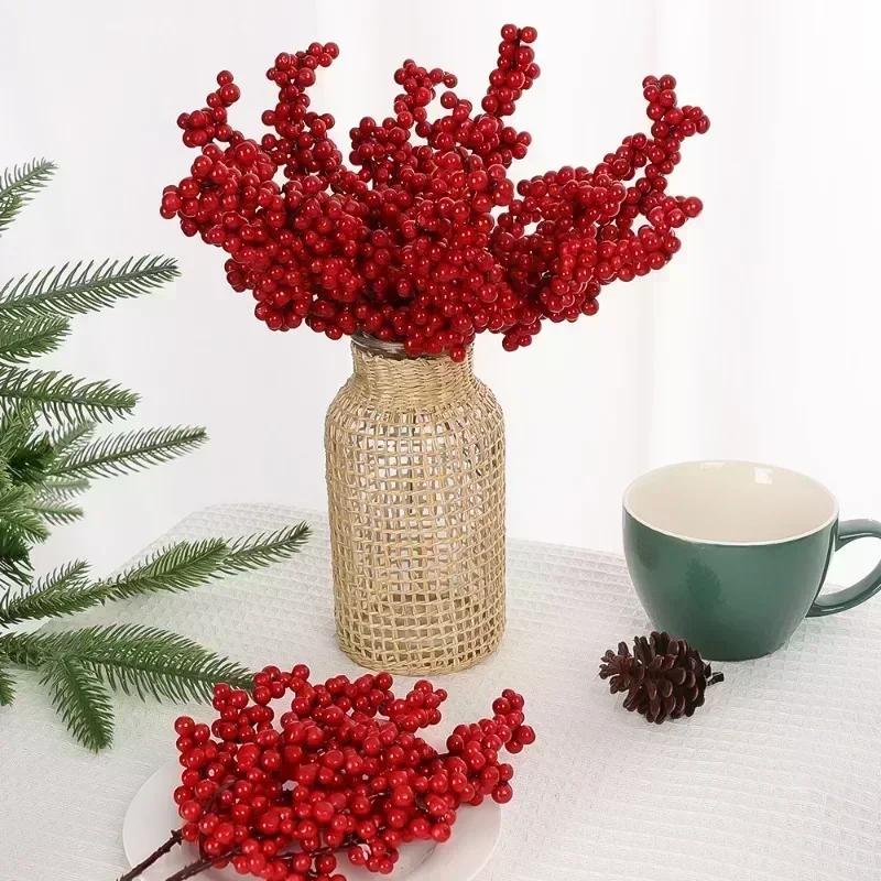 10pcs Christmas Artificial Berries Branches Decor Fake Flowers Plant for Xmas Tree DIY Holiday Wreath Craft Home Party Ornament