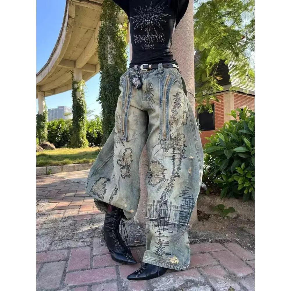 ZYLLO Американские джинсы Y2K с нашивкой, вышивка иглой, тяжелая промышленность, широкий крой, ретро, грязное окрашивание, варка, свободные, модные, повседневные, с высокой талией