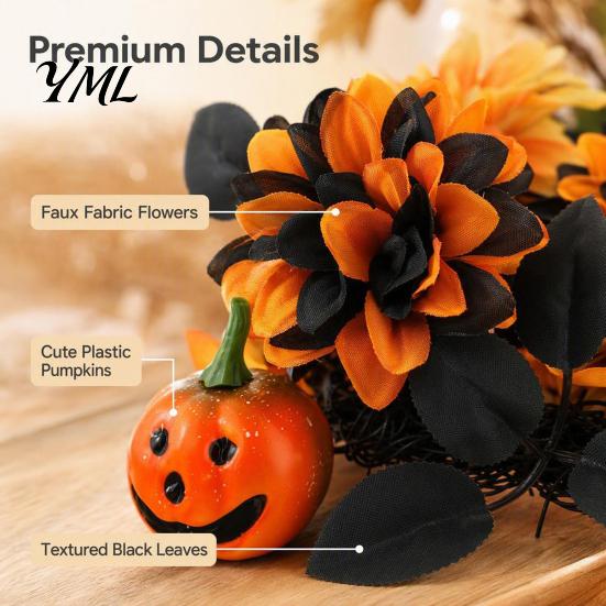 Durable Reusable Holiday Ornament Halloween Wreath for Front Door, Artificial Fall Maple Leaf Rose Pumpkin Rustic Farmhouse Seasonal Accents