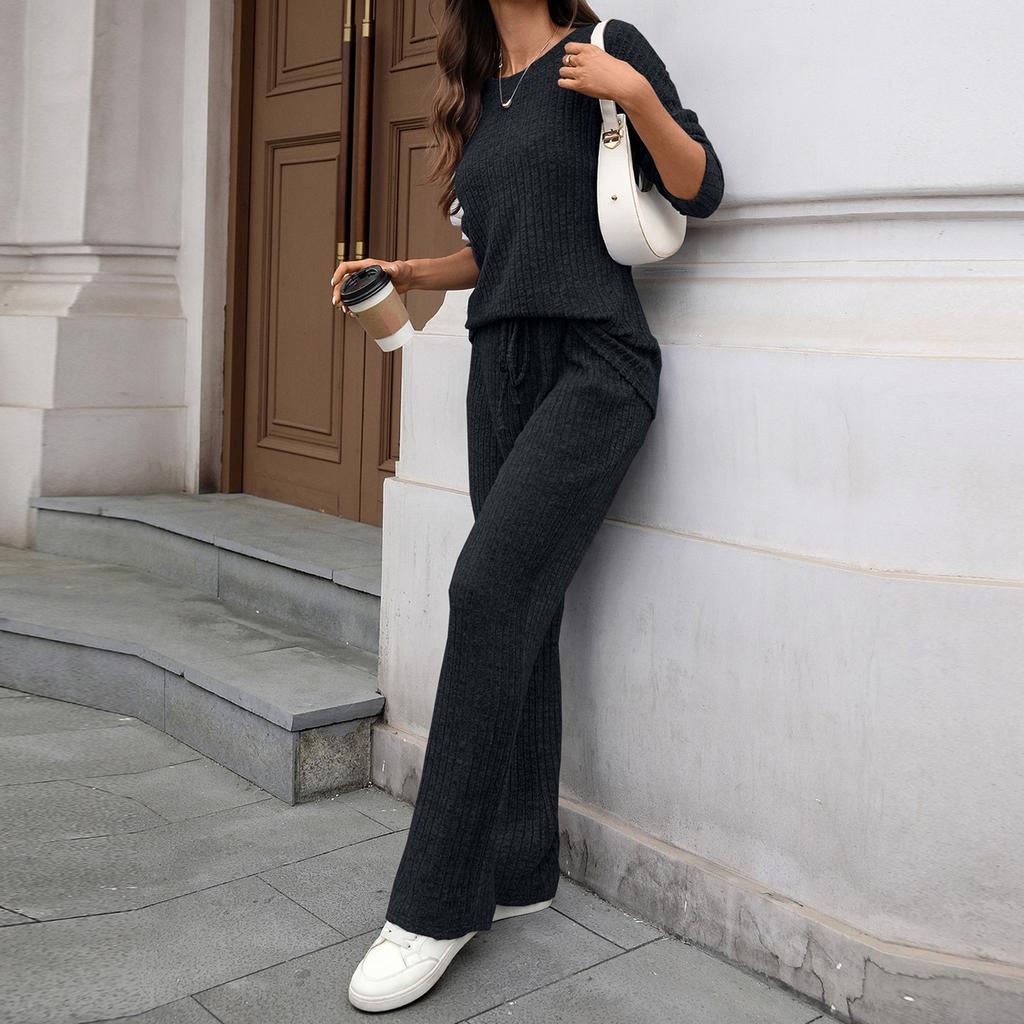 Женский модный и удобный трикотажный комплект для отдыха с круглым вырезом, длинными рукавами и брюками с начесом