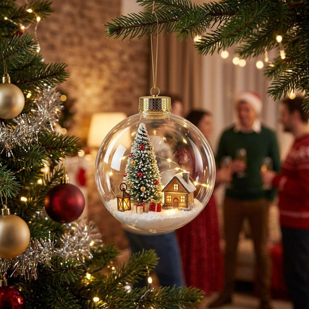 Clear Acrylic Lighted Christmas Ball Ornament Warm LED Shock-Resistant Light-Up Tree Hanging Bauble Cartoon Snowflake Deer