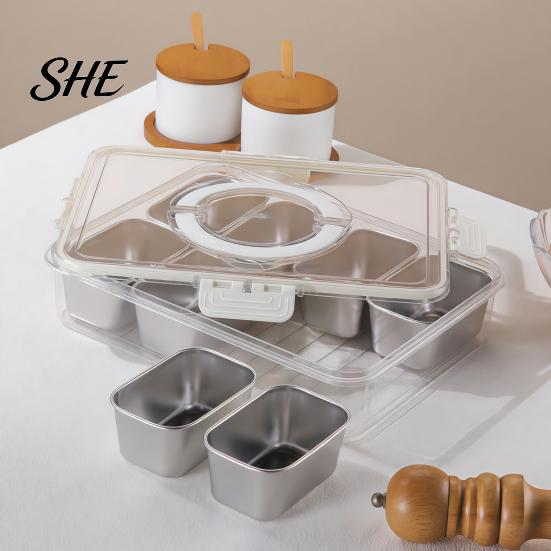 Leakproof Bento Box for Picnic Snackle Container, Stainless Steel Divided Serving Tray with Lid & Handle, 8 Compartment Large Snack Durable Food Road