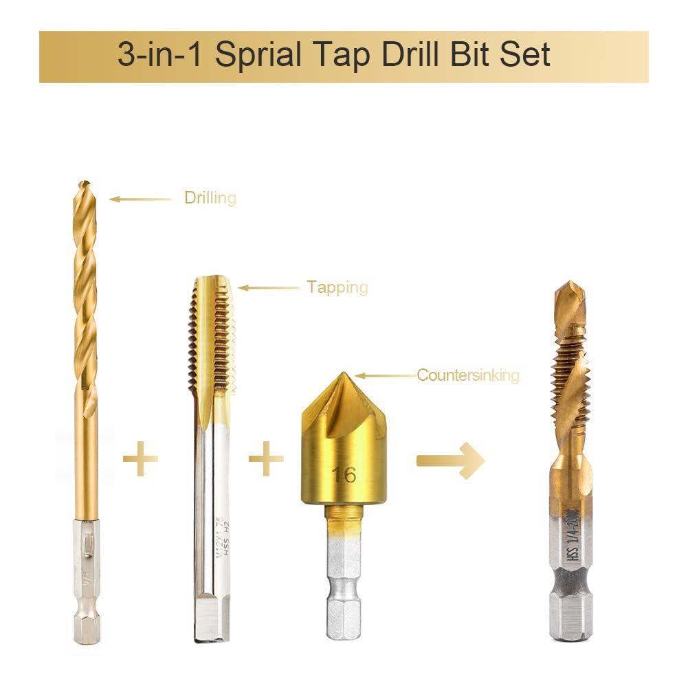 Tap Drill Bit Set Screw Thread Titanium Plated Hex Shank HSS Spiral Flute Compound Combination M3 M4 M5 M6 M8 M10 For Wood Metal