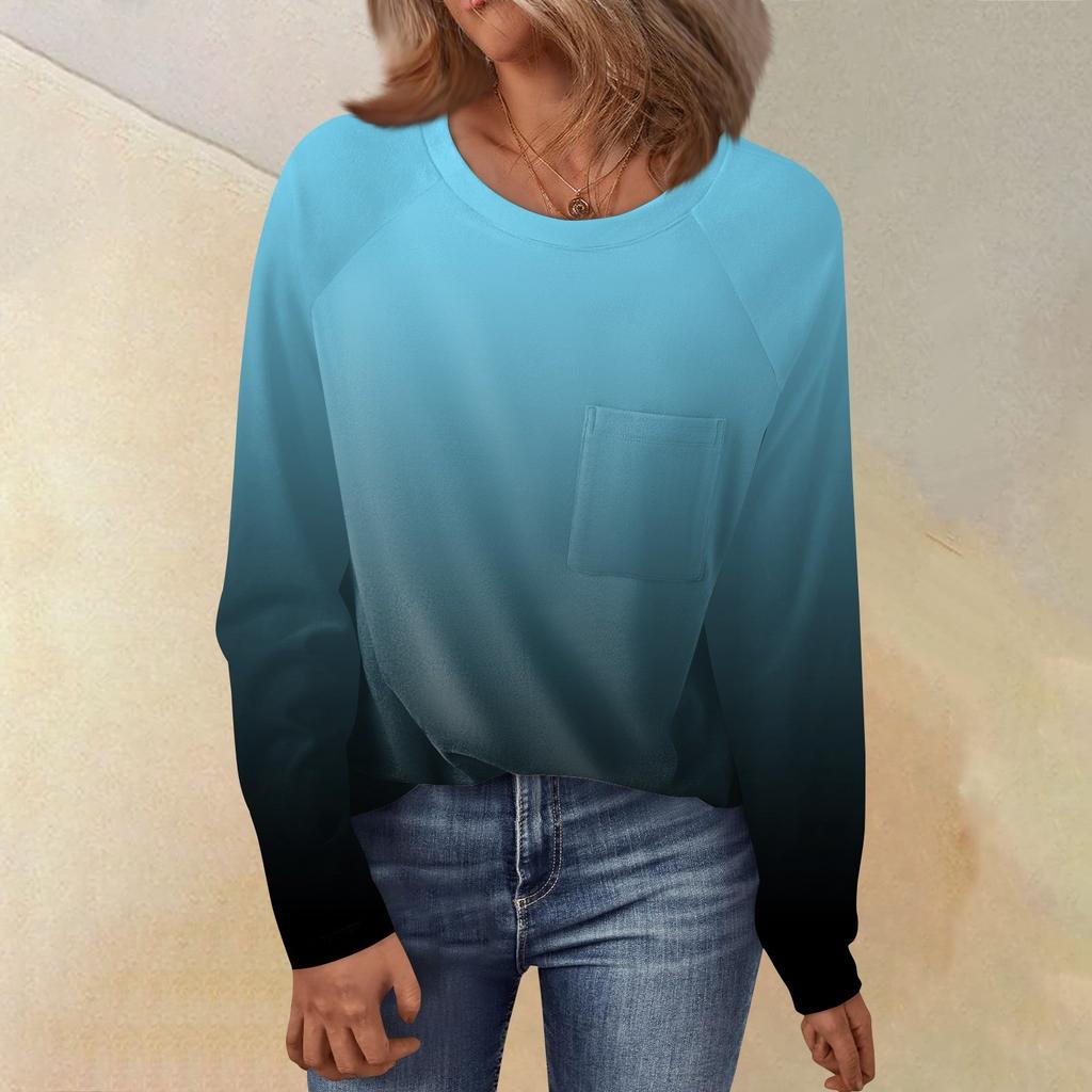 Women's Round Neck Gradient Printed Raglan Sleeve Long Sleeve Versatile Loose Top