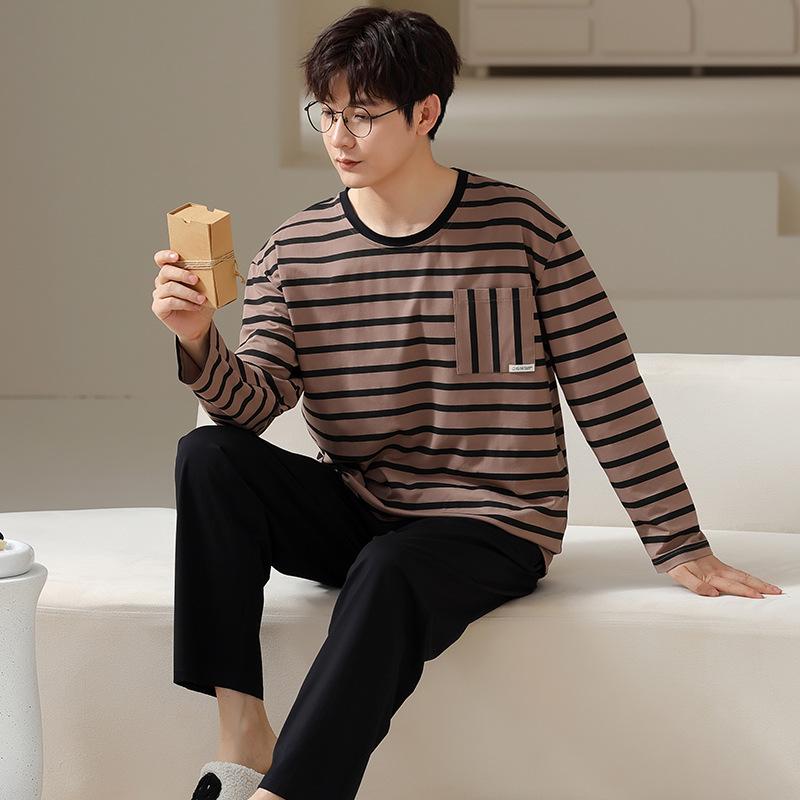Тип Пижамный костюм из чистого хлопка на осень-зиму для мужчин с длинными рукавами из хлопка, комплект домашней одежды для мужчин, мягкая домашняя одежда для мужчин