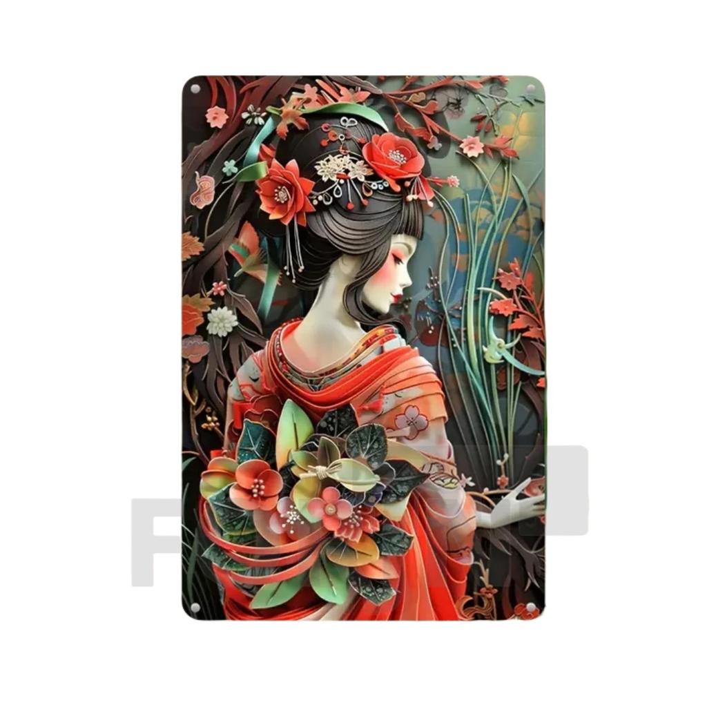 Японская гейша кимоно металлический знак, 2D элегантный японский постер с цветущей вишней, для дома, комнаты, офиса, идзакая, кафе, студии настенный декор