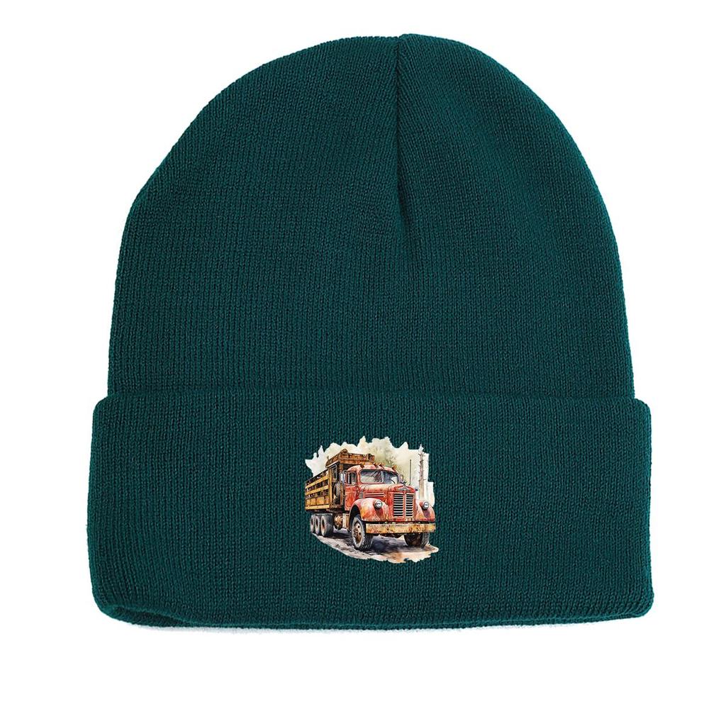 Vintage Pickup Truck Print Knit Cap Beanie, Skull Cap Windproof Fit Trendy Gorro Knitted Hat Beanie