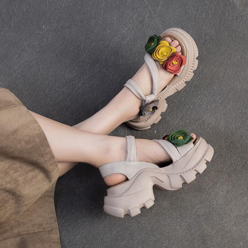 Johnature Retro Flower Peep Toe Platform Sandals Breathable Genuine Leather Versatile Women's Shoes