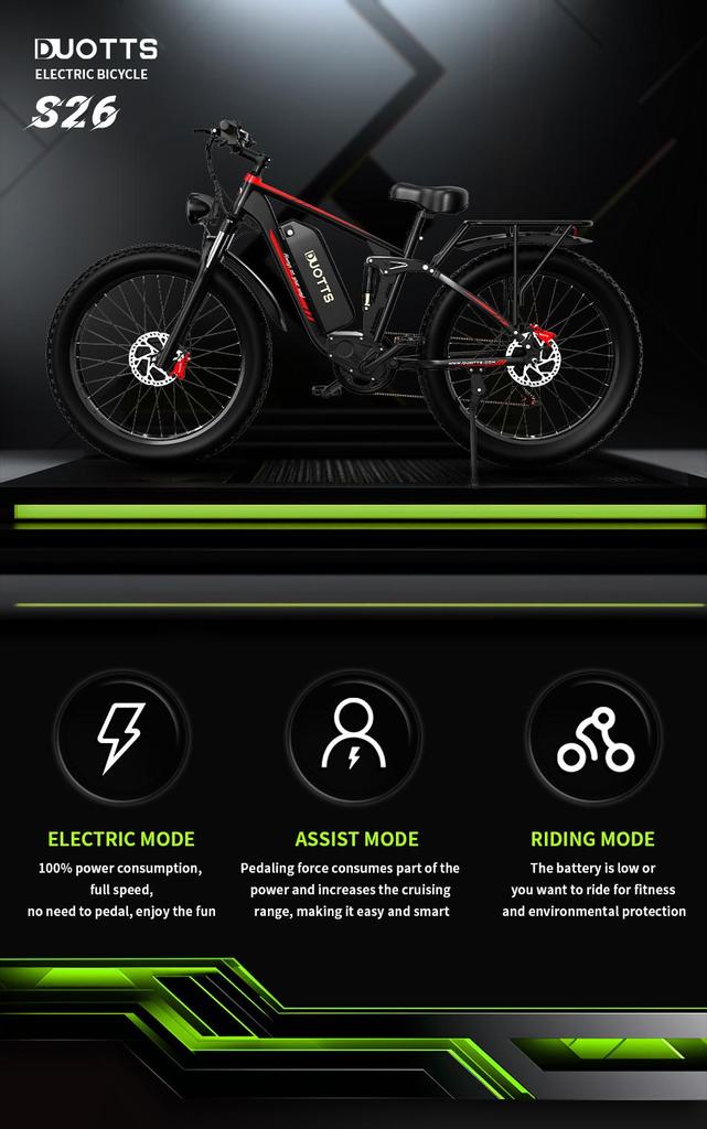DUOTTS S26 Electric Bike 750W Motor, 48V 20Ah Samsung Battery, 120KM Range, IP55 Waterproof, 55° Climbing
