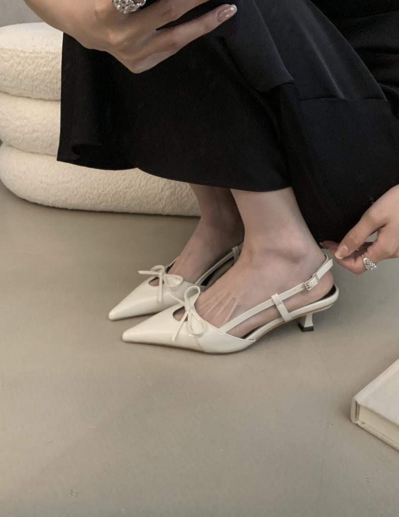 2025 Spring New French Small Heel Thin Heel Pointed Bow Bag Head Sandals with Skirt Hollow Women's Shoes