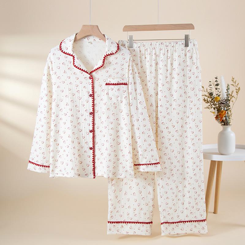 11 new color matching printed cotton pajamas women's spring and autumn new long-sleeved trousers loungewear suit outer wear spring