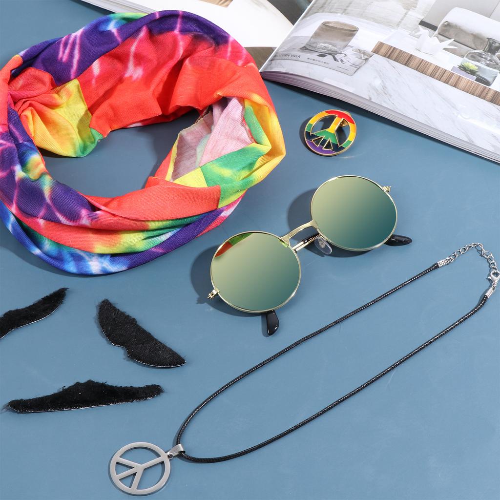 11 шт., аксессуар для костюма хиппи, ожерелье со знаком мира, очки, повязки на голову, парик 60S 70S