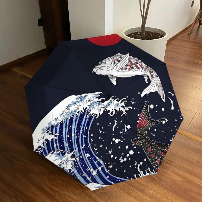 1pc Koi Fish Swimming Against the Current Umbrella with Plastic Handle,Suitable for All Seasons Home Travel Outdoor UmbrellaDD549