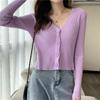 Women Autumn V Neck Long Sleeve Solid Color Cropped Single Breasted Sweater Slim Cardigan Knitwear