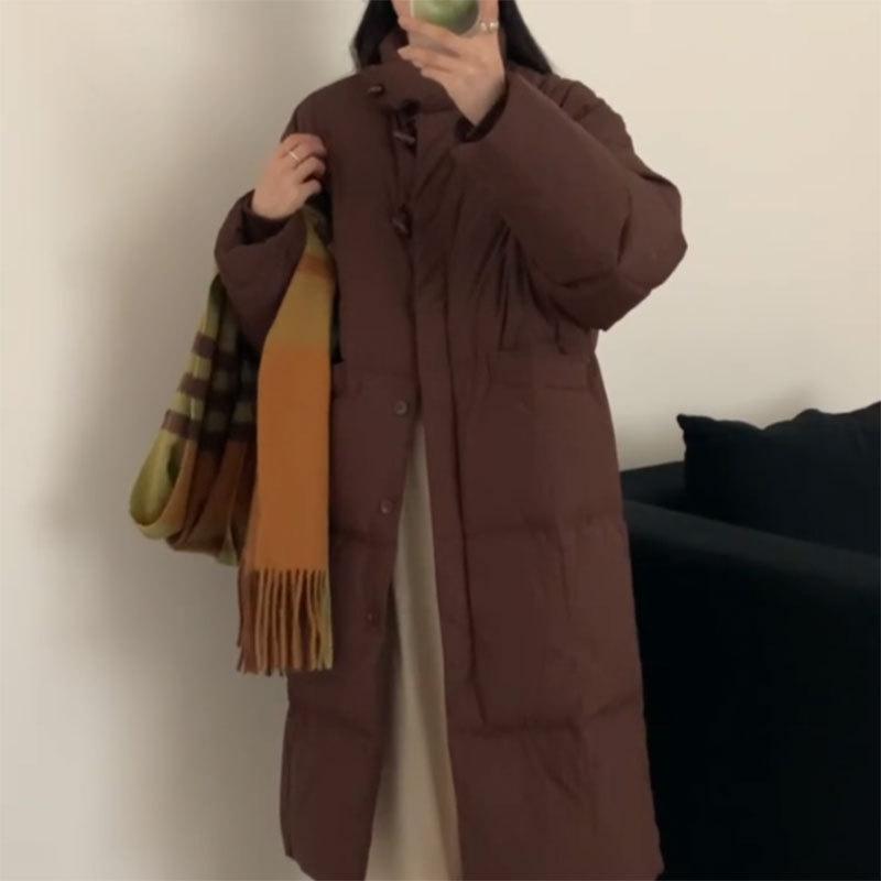 Дизайнерская куртка-пуховик женская длинная 2024 новая корейская версия воротник-стойка высококачественная роговая пряжка пуховик