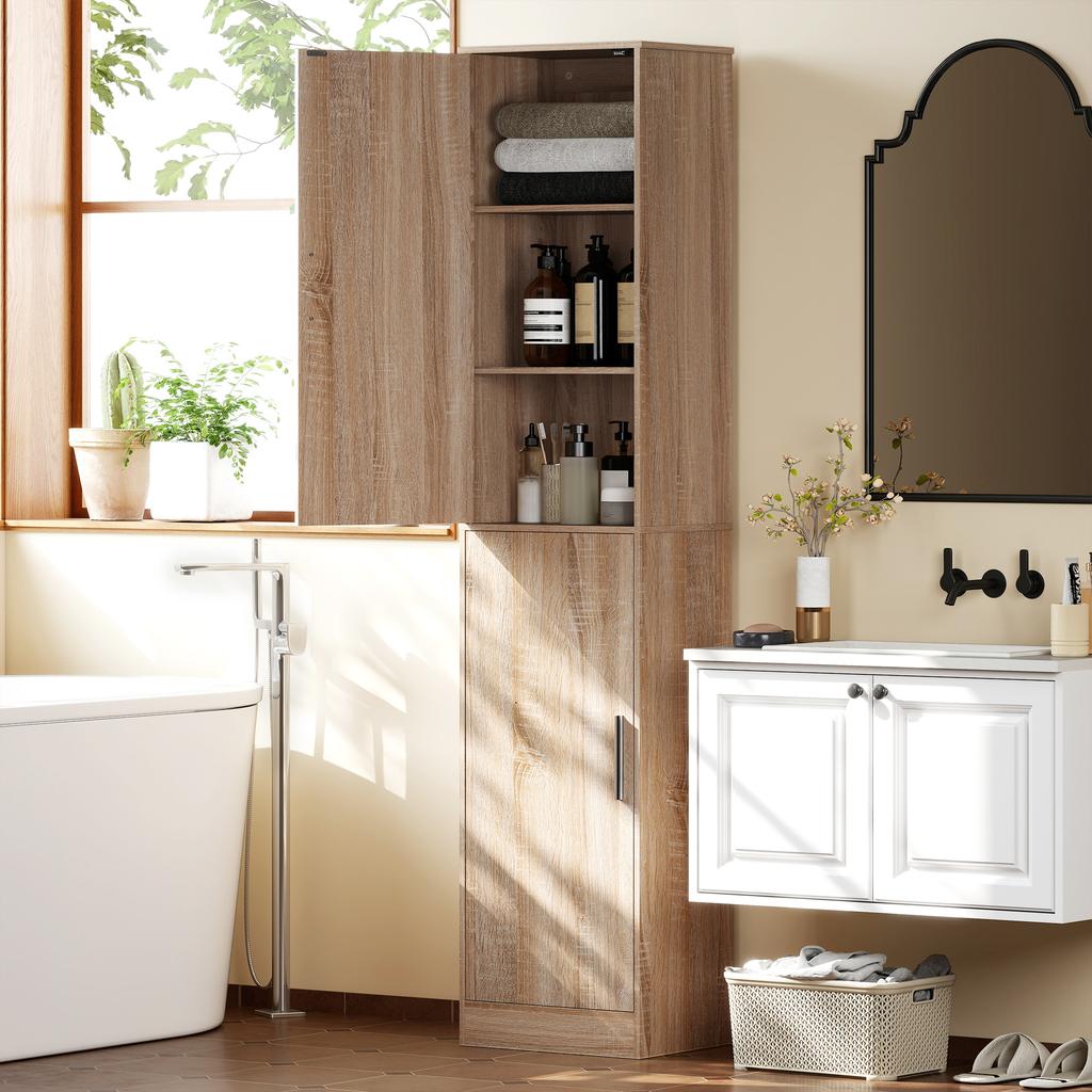 180 cm tall bathroom cabinet, narrow bathroom cabinet with 2 doors, 4 adjustable shelves, chipboard, MDF, natural wood