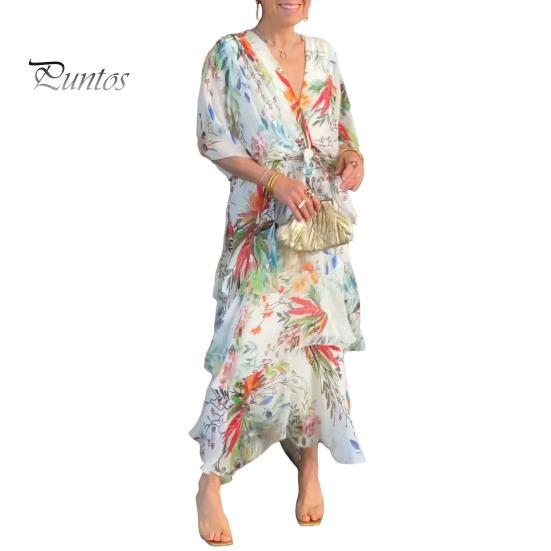 Women Dress Multi-layered Hem Lace-up Slim Waist Colorful Printing Maxi Dress Mid Sleeve V Neck Vacation Party Dress