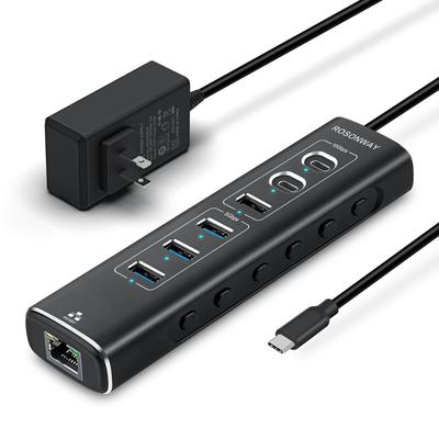 USB-концентратор ROSONWAY 10 Гбит/с 7 в 1 LAN-адаптер-преобразователь USB C USB A USB алюминиевый USB-концентратор и блок питания 12 В 2 А с независимым выключателем 3.2x2 3.2x1