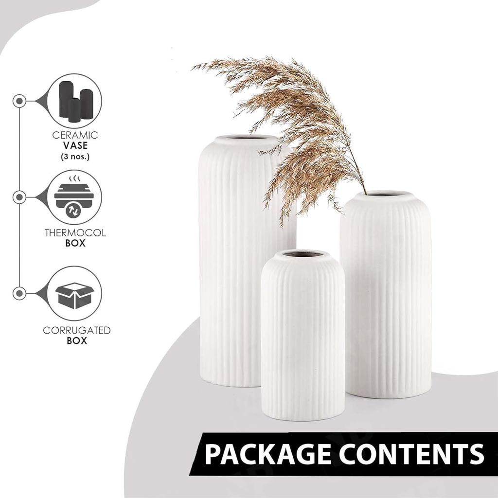 Керамическая 'Белая ваза-флейта' 10 дюймов - Набор из 3 штук | Декоративная ваза-флейта для сухоцветов и пампасной травы | Вазы для домашнего декора Новинка