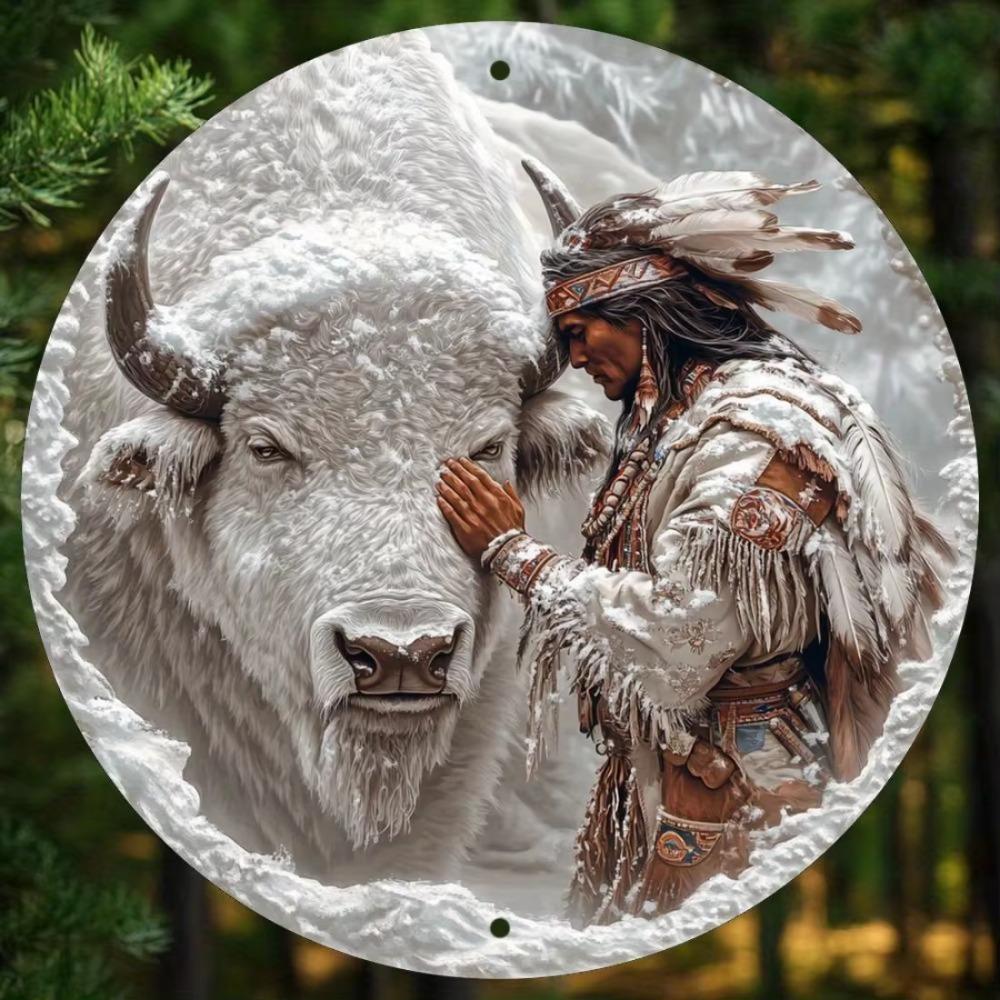 Круглая настенная художественная вывеска из алюминия, винтажная металлическая табличка с изображением буйвола и американских индейцев, универсальная праздничная тема