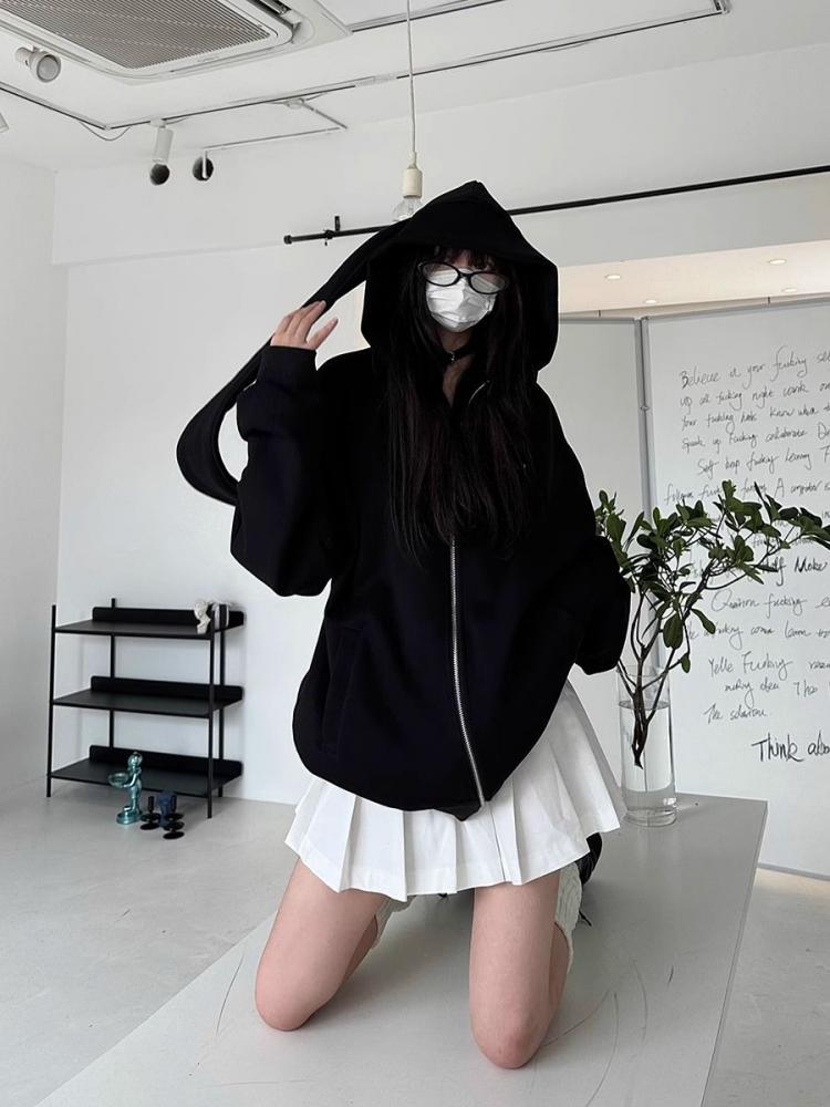 Белые кавайные толстовки на молнии с заячьими ушками, женские японские укороченные толстовки с длинными рукавами, женская одежда в консервативном стиле, осенняя одежда