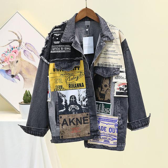 Vintage Full Sleeve Appliques Newspaper Pattern Large Size Black Denim Jacket Leisure Trend Coat 2020 Autumn
