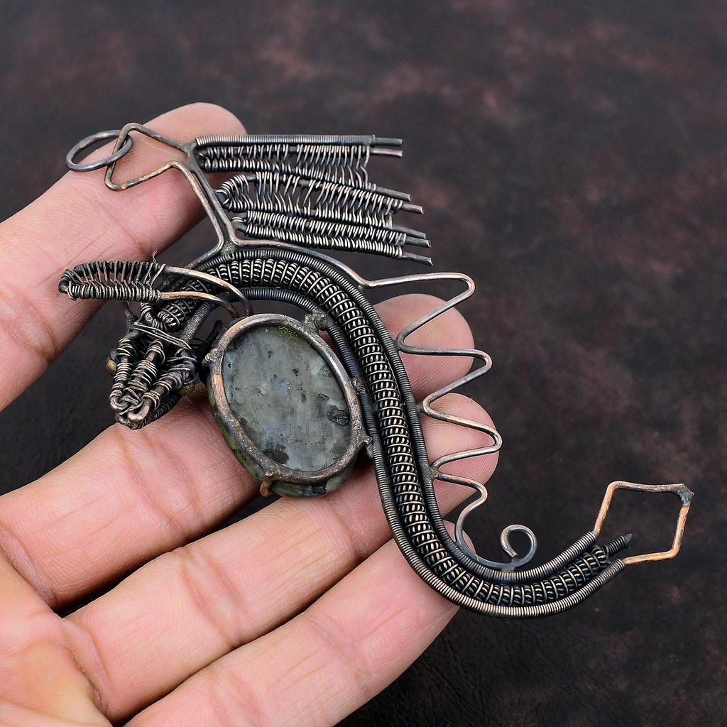 Подвеска из ларвикита, медная проволочная обертка, ручная работа, ювелирное изделие из ларвикита, подвеска из драгоценного камня, медное ювелирное изделие, подарок для него, антикварная подвеска в виде дракона