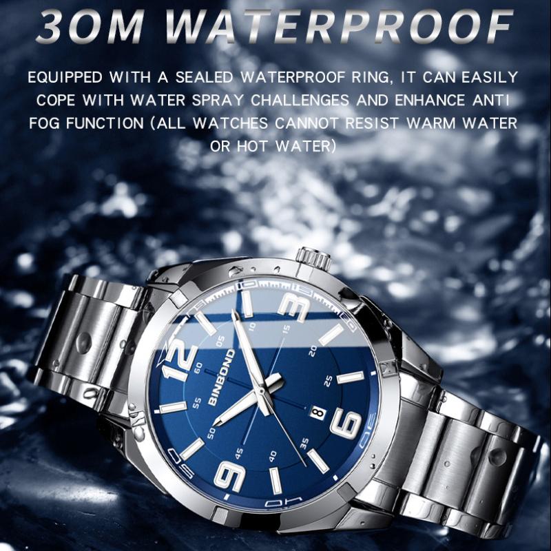 BINBOND Мужские часы Большие цифровые модные деловые водонепроницаемые календарные ночные светильники из нержавеющей стали кварцевые мужские часы мужской подарок
