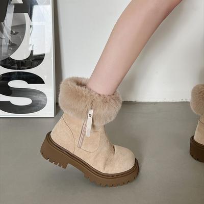 Ботинки-дутики Queen Fan с мехом, интегрированным бархатом и толстой подошвой, женские, новинка 2025 года, зимние теплые и нескользящие хлопковые ботинки