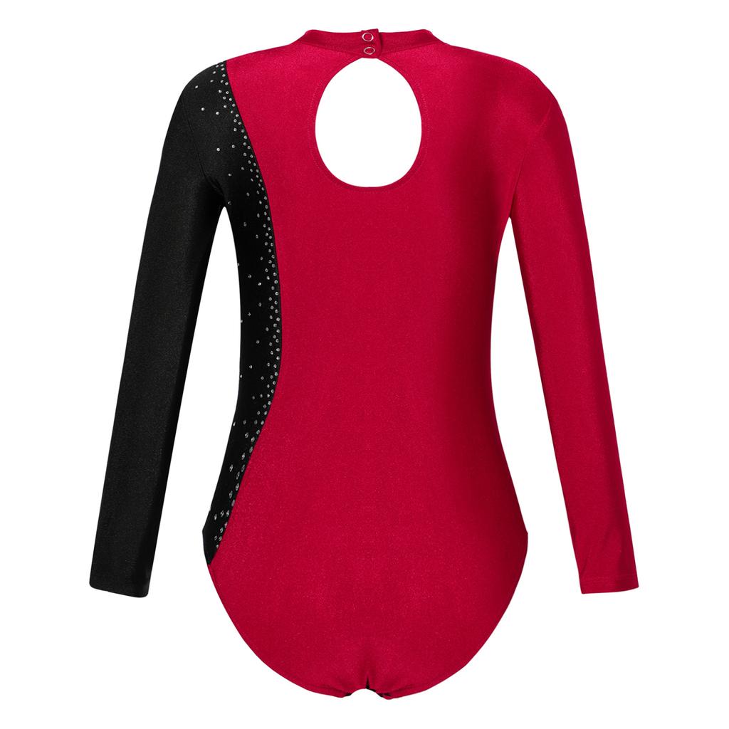 Гимнастический купальник с длинными рукавами для девочек, боди для спортивных танцев с блестящими бусинами и пламенем