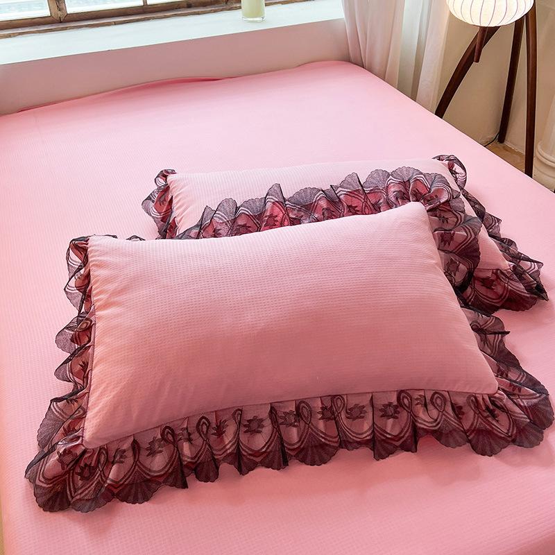 Покрывало из хлопка в стиле принцессы, однотонное, кружевное, стираное, из четырех частей, сирсакер, кружево, двойной пододеяльник