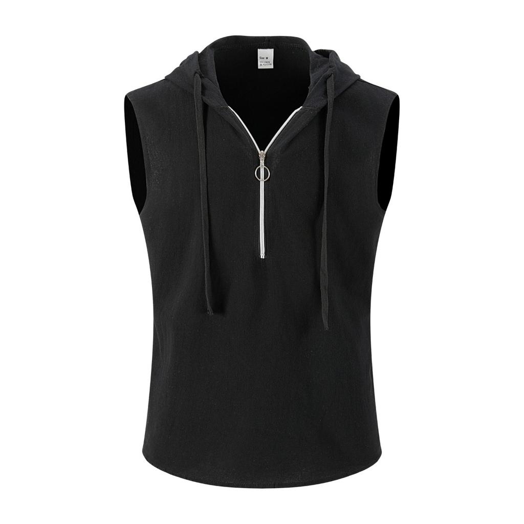 Men's New Summer Fashion T-Shirt - Casual Hooded Solid Color Sleeveless Zipper Hawaiian Beach T-Shirt