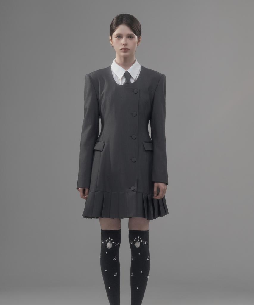 Mausolleum Jenn Round Neck Pleated Suit Jacket Dress - Gray