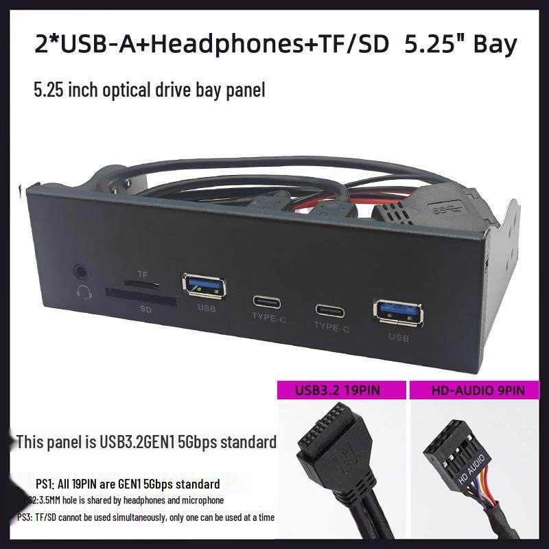 Панель для оптического привода 5,25 дюйма USB 3.2 Gen 1 с HD Audio, USB-A, USB-C и кардридером SD/TF