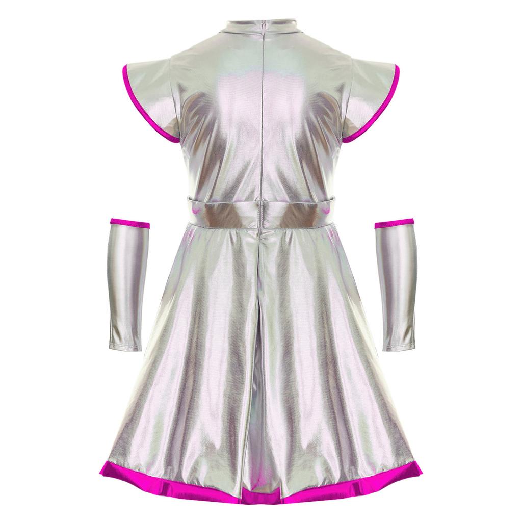 Girls Alien Cosplay Costume - Shimmering PU Patchwork Dress with Cap Sleeve & Arm Sleeve for Halloween Party