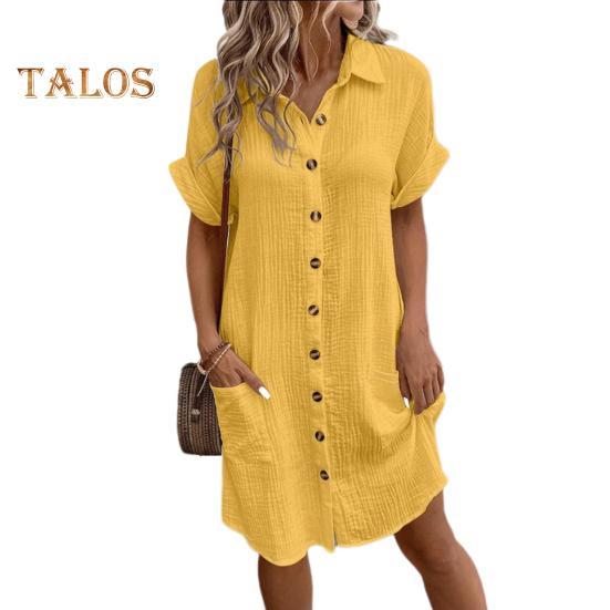 Летнее женское платье с отложным воротником, однобортное, свободное, с короткими рукавами, свободное, однотонное, с накладным карманом, длиной до колена, для отдыха, миди-платье